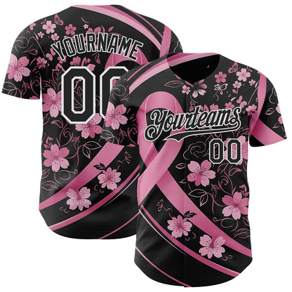 Custom Black Pink-White Breast Cancer Awareness Pink Ribbon Floral Authentic Baseball Jersey