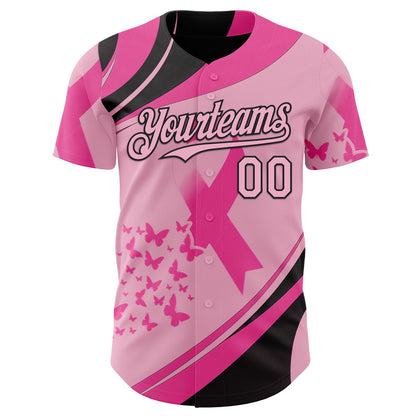 Custom Light Pink-Black Breast Cancer Awareness Pink Ribbon Butterfly Authentic Baseball Jersey