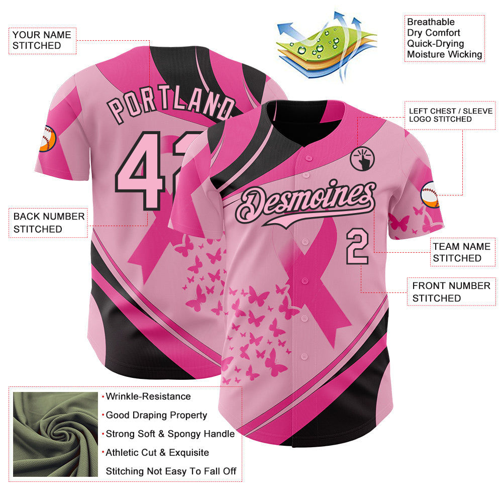 Custom Light Pink-Black Breast Cancer Awareness Pink Ribbon Butterfly Authentic Baseball Jersey