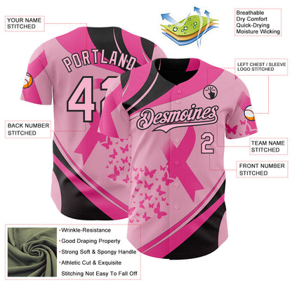 Custom Light Pink-Black Breast Cancer Awareness Pink Ribbon Butterfly Authentic Baseball Jersey