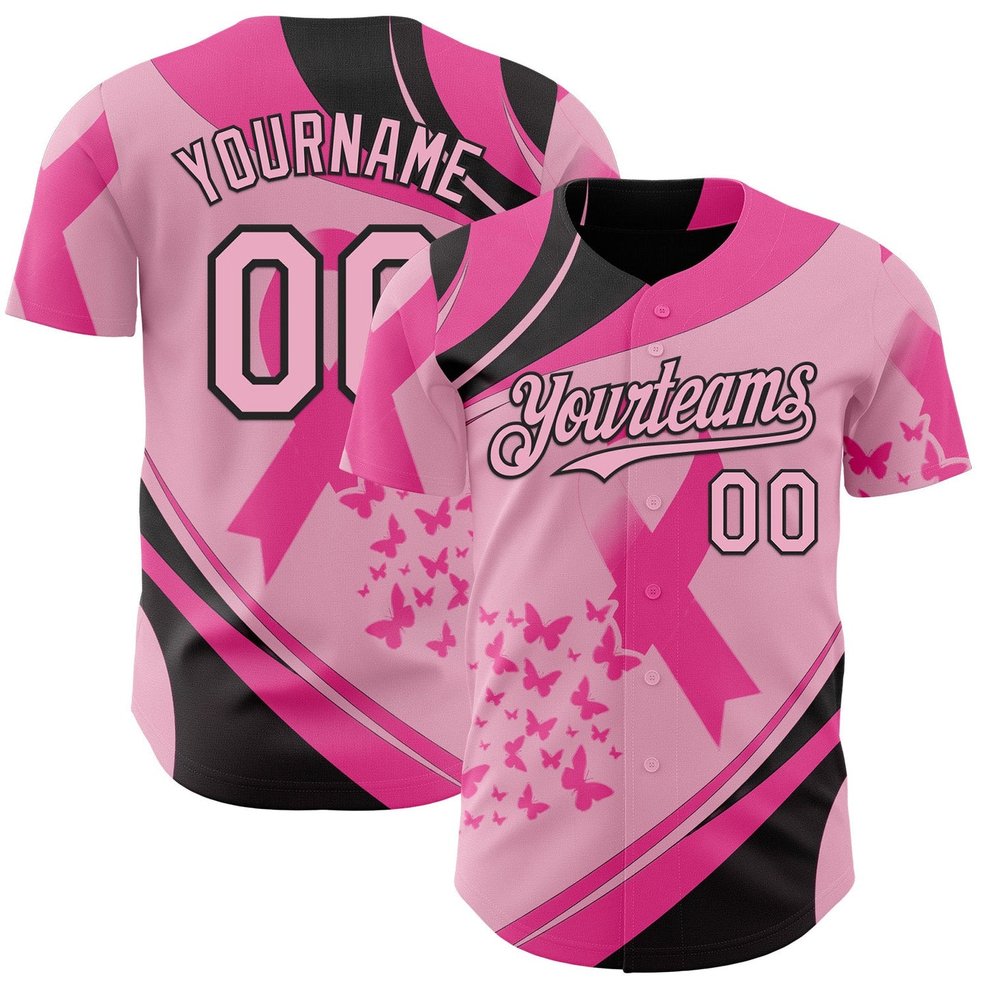 Custom Light Pink-Black Breast Cancer Awareness Pink Ribbon Butterfly Authentic Baseball Jersey