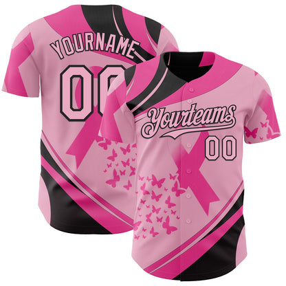Custom Light Pink-Black Breast Cancer Awareness Pink Ribbon Butterfly Authentic Baseball Jersey