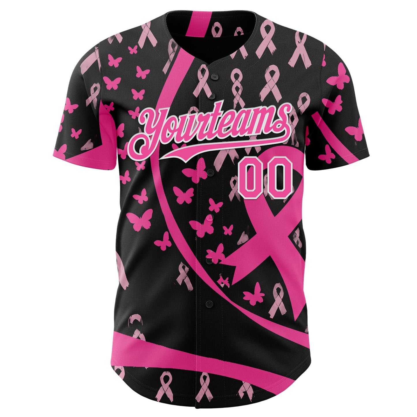 Custom Black Pink-White Breast Cancer Awareness Pink Ribbon Butterfly Authentic Baseball Jersey