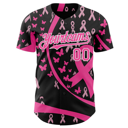 Custom Black Pink-White Breast Cancer Awareness Pink Ribbon Butterfly Authentic Baseball Jersey
