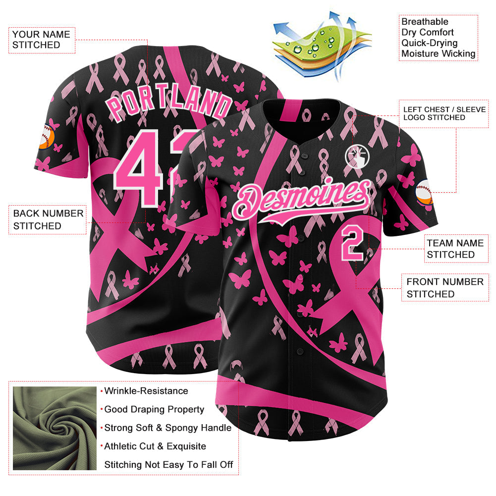 Custom Black Pink-White Breast Cancer Awareness Pink Ribbon Butterfly Authentic Baseball Jersey