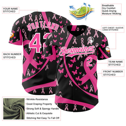 Custom Black Pink-White Breast Cancer Awareness Pink Ribbon Butterfly Authentic Baseball Jersey