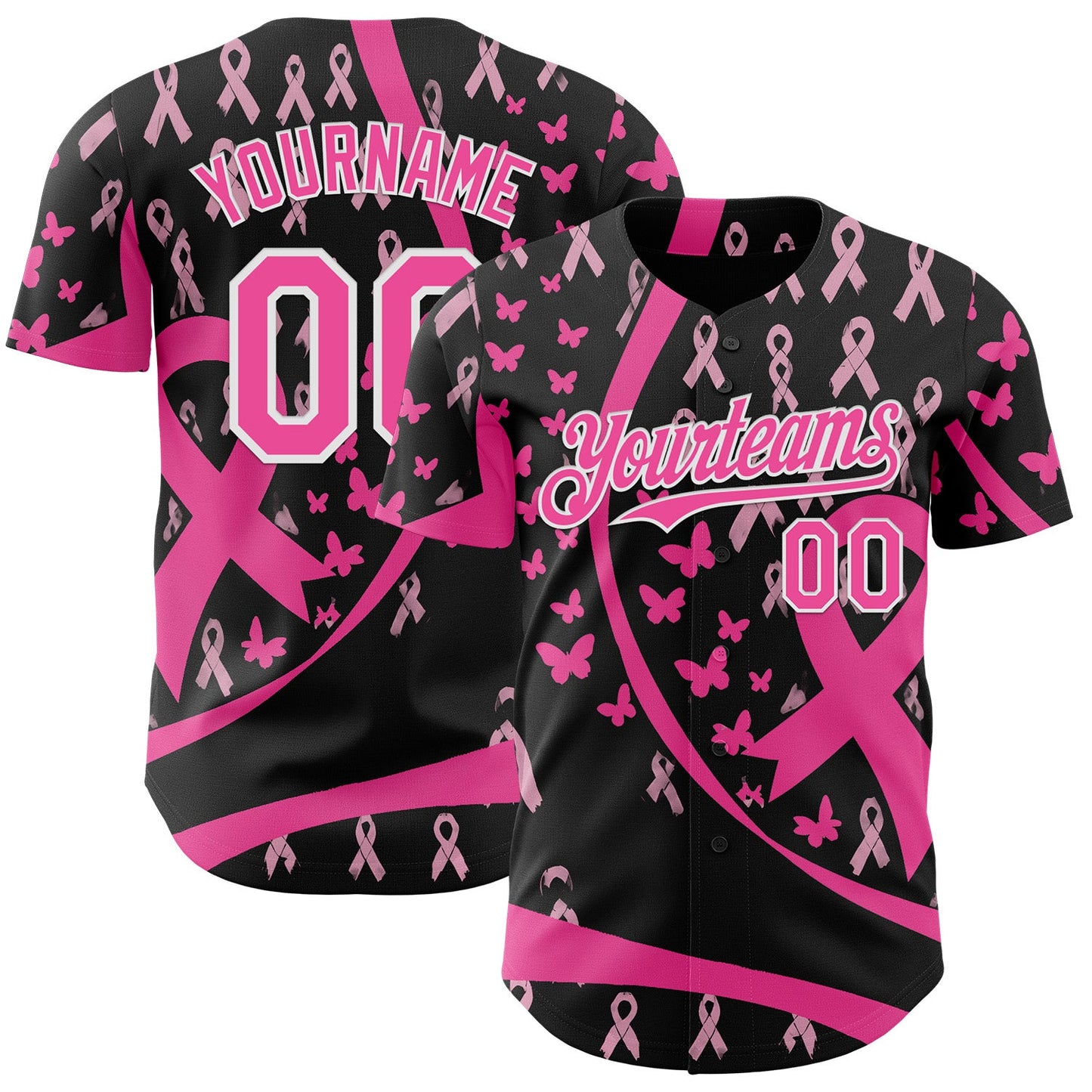 Custom Black Pink-White Breast Cancer Awareness Pink Ribbon Butterfly Authentic Baseball Jersey