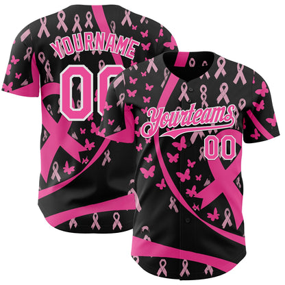 Custom Black Pink-White Breast Cancer Awareness Pink Ribbon Butterfly Authentic Baseball Jersey