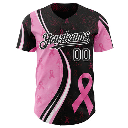 Custom Black Pink-White Breast Cancer Awareness Pink Ribbon Authentic Baseball Jersey