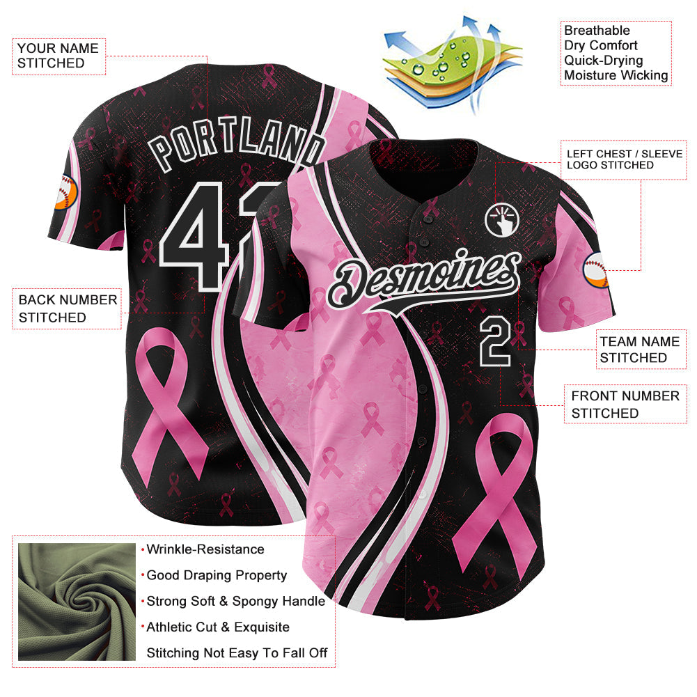 Custom Black Pink-White Breast Cancer Awareness Pink Ribbon Authentic Baseball Jersey