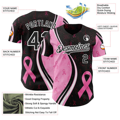 Custom Black Pink-White Breast Cancer Awareness Pink Ribbon Authentic Baseball Jersey