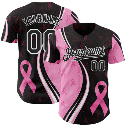 Custom Black Pink-White Breast Cancer Awareness Pink Ribbon Authentic Baseball Jersey