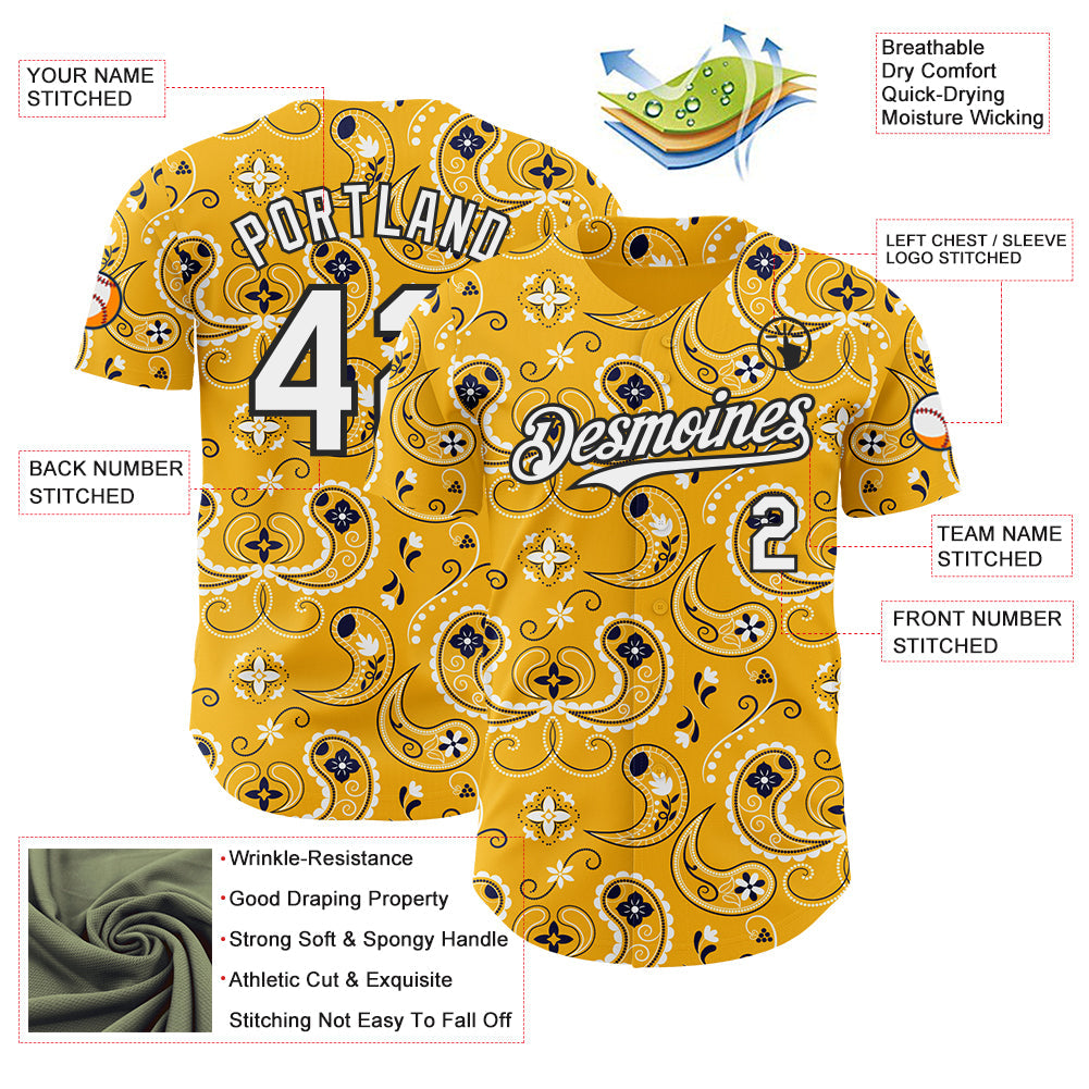 Custom Gold White-Black Burning Man Paisley Bandana Rave Authentic Baseball Jersey