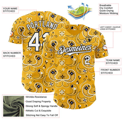 Custom Gold White-Black Burning Man Paisley Bandana Rave Authentic Baseball Jersey