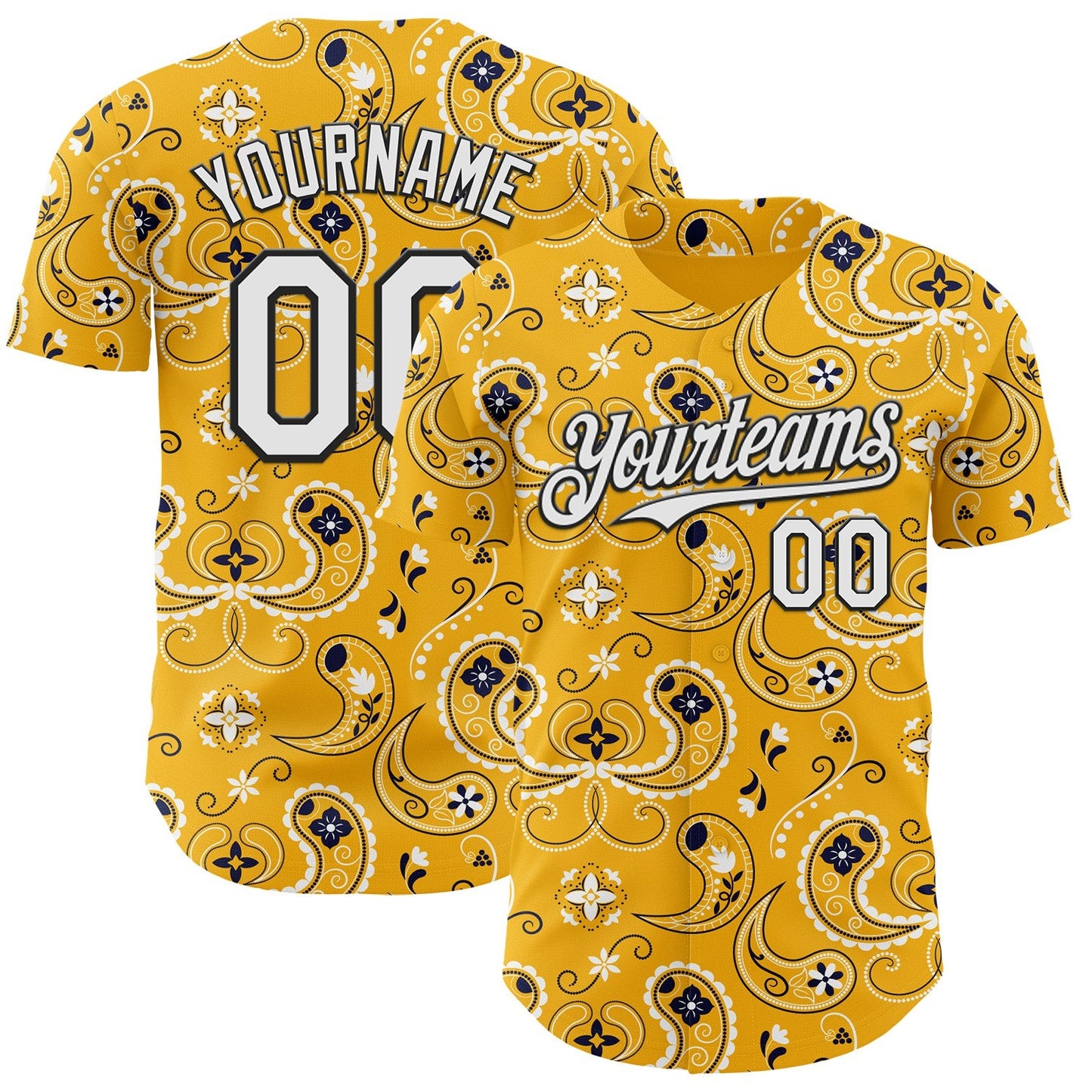 Custom Gold White-Black Burning Man Paisley Bandana Rave Authentic Baseball Jersey