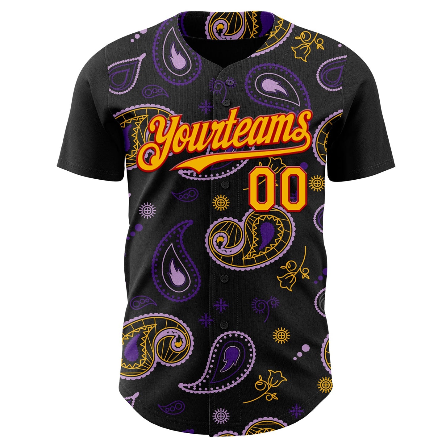 Custom Black Gold Purple-Red Burning Man Paisley Bandana Rave Authentic Baseball Jersey