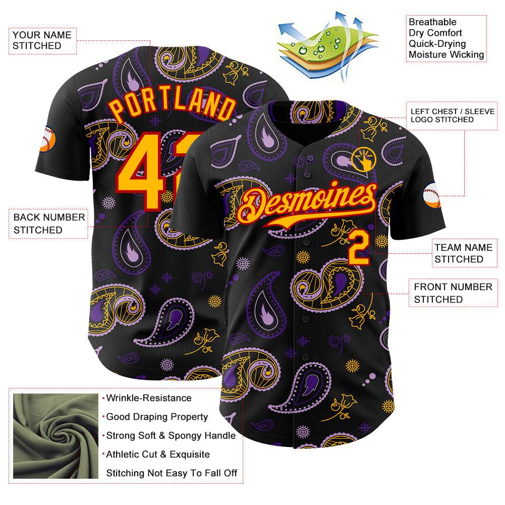 Custom Black Gold Purple-Red Burning Man Paisley Bandana Rave Authentic Baseball Jersey