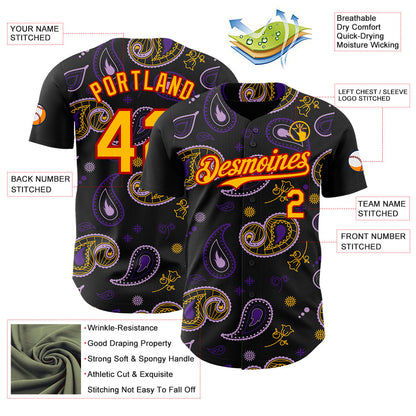 Custom Black Gold Purple-Red Burning Man Paisley Bandana Rave Authentic Baseball Jersey