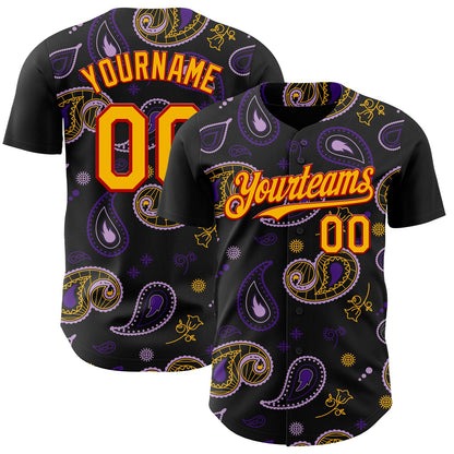 Custom Black Gold Purple-Red Burning Man Paisley Bandana Rave Authentic Baseball Jersey