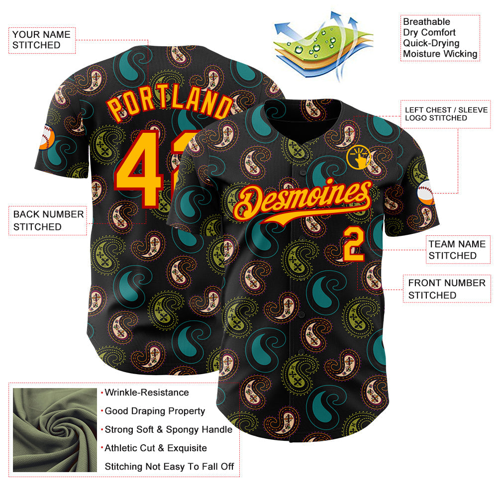 Custom Black Gold Green-Red Burning Man Paisley Bandana Rave Authentic Baseball Jersey
