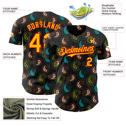 Custom Black Gold Green-Red Burning Man Paisley Bandana Rave Authentic Baseball Jersey