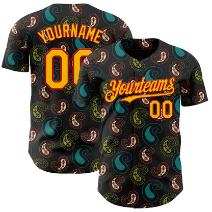 Custom Black Gold Green-Red Burning Man Paisley Bandana Rave Authentic Baseball Jersey