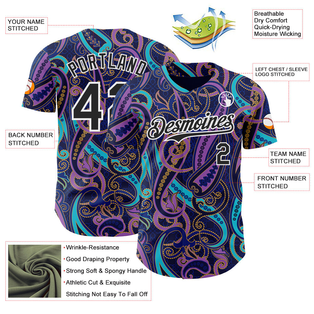 Custom Navy Black Purple Blue-White Burning Man Paisley Bandana Rave Authentic Baseball Jersey