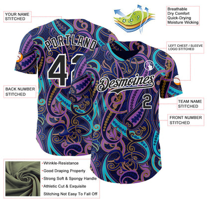Custom Navy Black Purple Blue-White Burning Man Paisley Bandana Rave Authentic Baseball Jersey