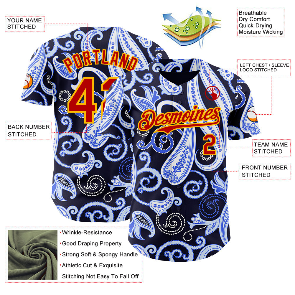 Custom Navy Red Blue-Gold Burning Man Paisley Bandana Rave Authentic Baseball Jersey