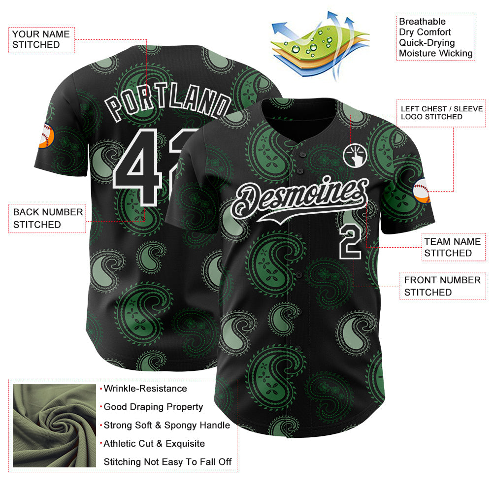 Custom Black Green-White Burning Man Paisley Bandana Rave Authentic Baseball Jersey