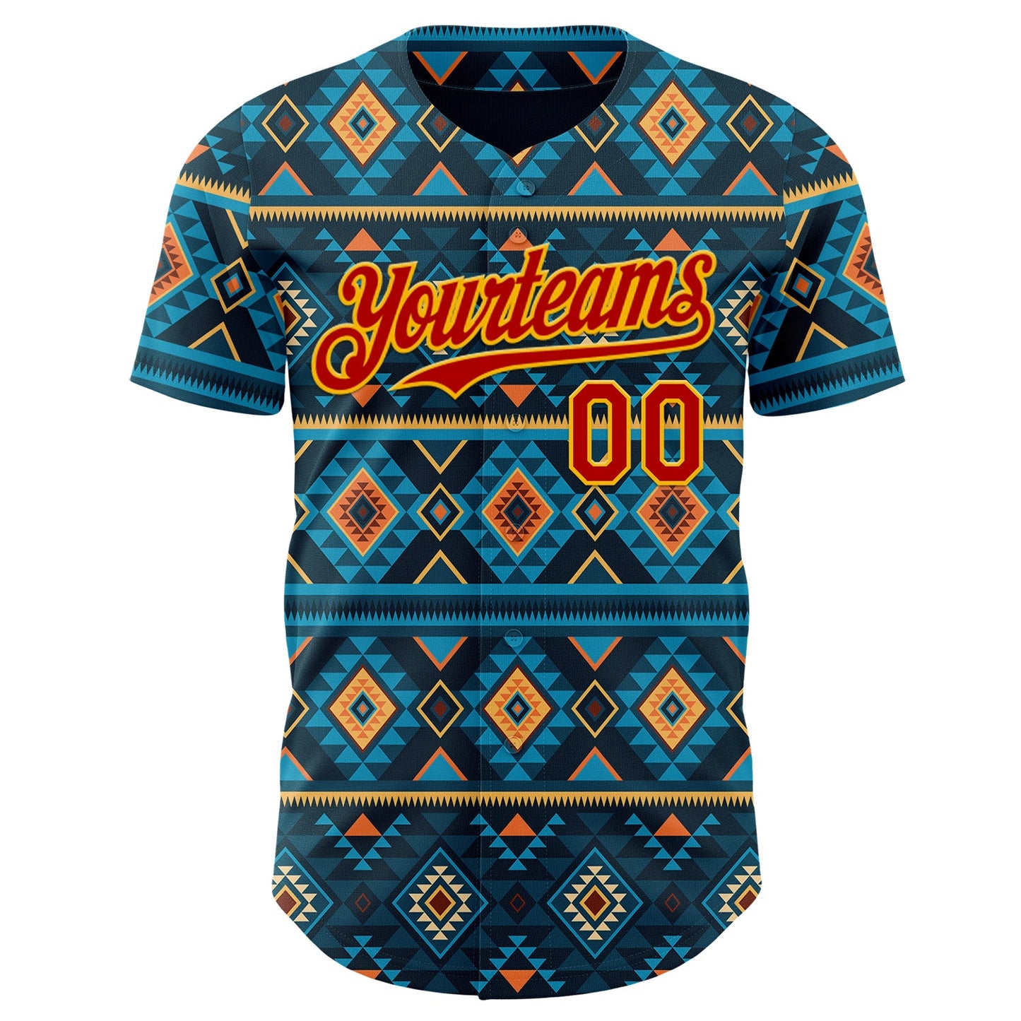 Custom Blue Red-Gold Burning Man Aztec Tribal Geometric Authentic Baseball Jersey