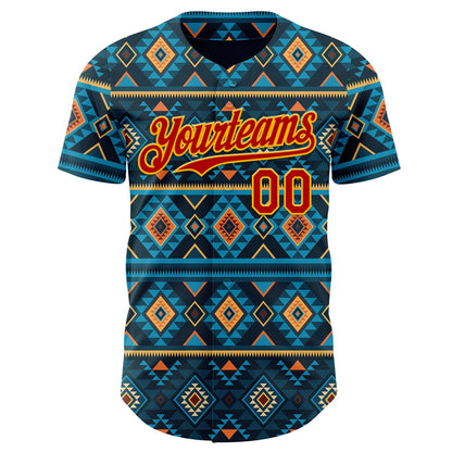 Custom Blue Red-Gold Burning Man Aztec Tribal Geometric Authentic Baseball Jersey