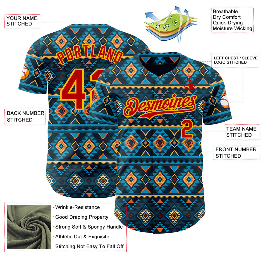 Custom Blue Red-Gold Burning Man Aztec Tribal Geometric Authentic Baseball Jersey