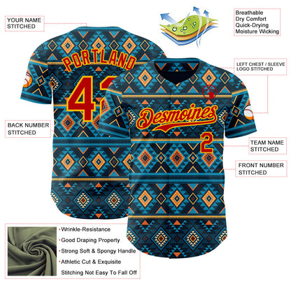 Custom Blue Red-Gold Burning Man Aztec Tribal Geometric Authentic Baseball Jersey