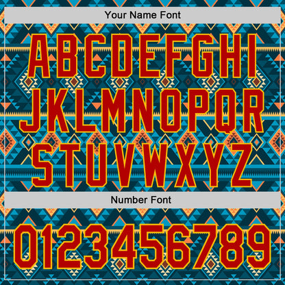 Custom Blue Red-Gold Burning Man Aztec Tribal Geometric Authentic Baseball Jersey