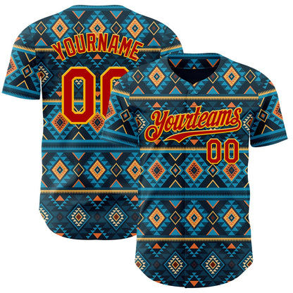 Custom Blue Red-Gold Burning Man Aztec Tribal Geometric Authentic Baseball Jersey
