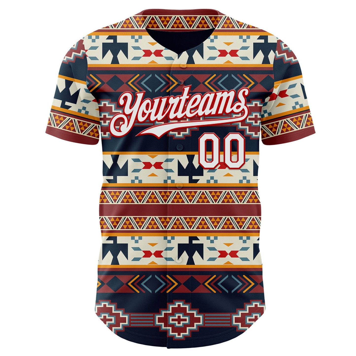 Custom Navy White Yellow-Red Burning Man Aztec Tribal Geometric Authentic Baseball Jersey