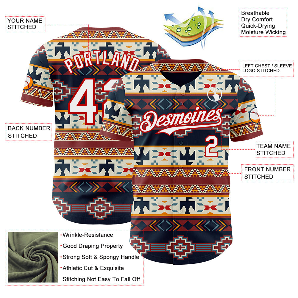 Custom Navy White Yellow-Red Burning Man Aztec Tribal Geometric Authentic Baseball Jersey