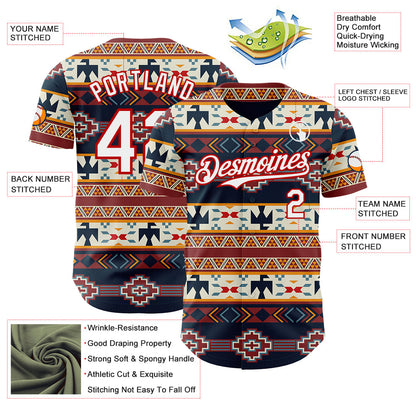 Custom Navy White Yellow-Red Burning Man Aztec Tribal Geometric Authentic Baseball Jersey