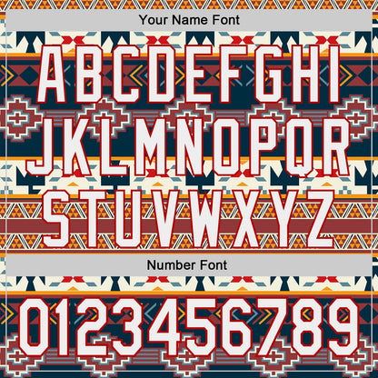 Custom Navy White Yellow-Red Burning Man Aztec Tribal Geometric Authentic Baseball Jersey