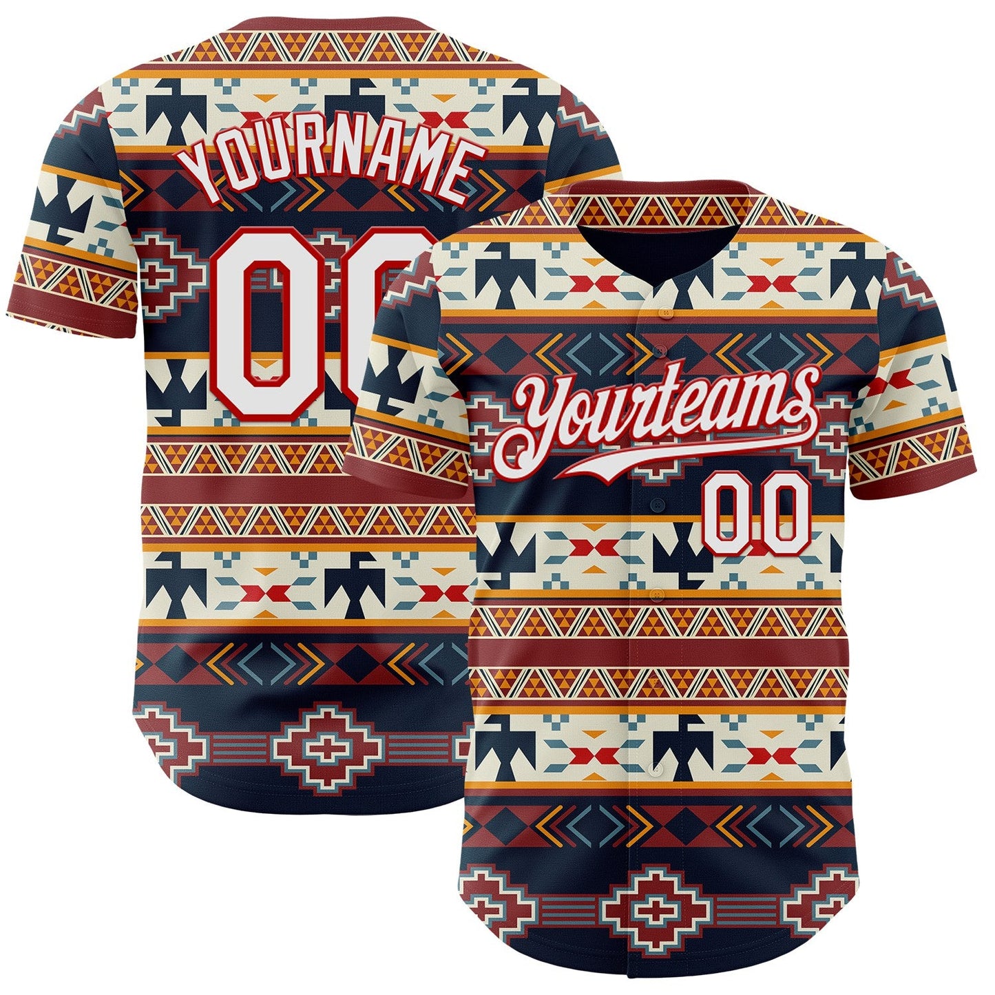 Custom Navy White Yellow-Red Burning Man Aztec Tribal Geometric Authentic Baseball Jersey