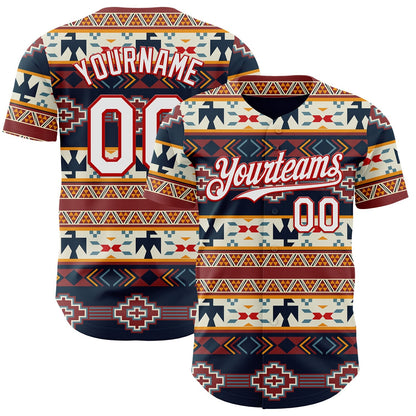 Custom Navy White Yellow-Red Burning Man Aztec Tribal Geometric Authentic Baseball Jersey