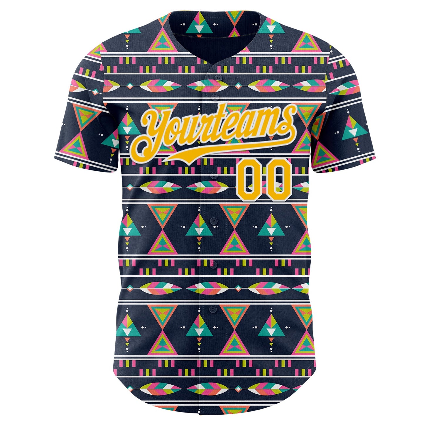 Custom Navy Gold Pink Green-White Boho Style Geometri Tribal Authentic Baseball Jersey