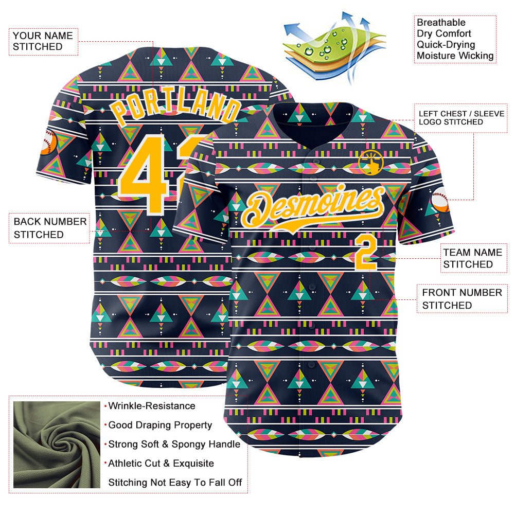 Custom Navy Gold Pink Green-White Boho Style Geometri Tribal Authentic Baseball Jersey