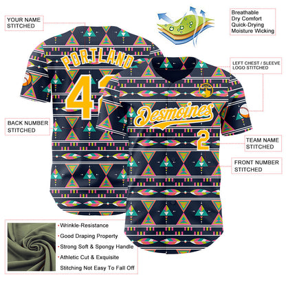 Custom Navy Gold Pink Green-White Boho Style Geometri Tribal Authentic Baseball Jersey