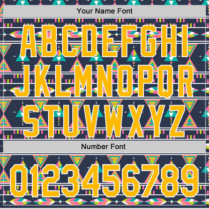 Custom Navy Gold Pink Green-White Boho Style Geometri Tribal Authentic Baseball Jersey