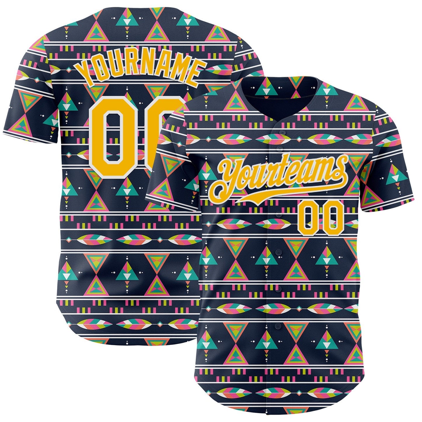 Custom Navy Gold Pink Green-White Boho Style Geometri Tribal Authentic Baseball Jersey