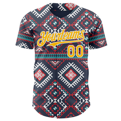 Custom Navy Gold Red Green-White Burning Man Aztec Tribal Geometric Authentic Baseball Jersey