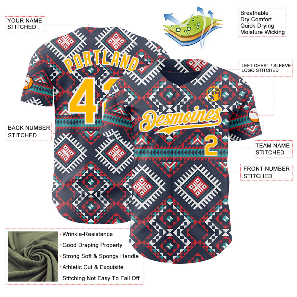 Custom Navy Gold Red Green-White Burning Man Aztec Tribal Geometric Authentic Baseball Jersey