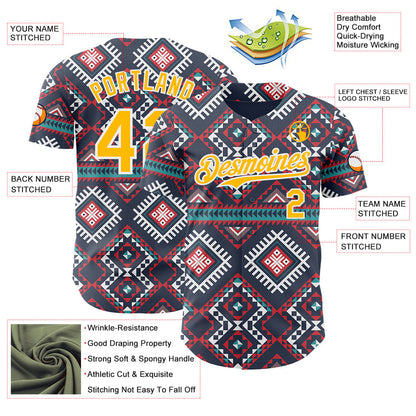 Custom Navy Gold Red Green-White Burning Man Aztec Tribal Geometric Authentic Baseball Jersey